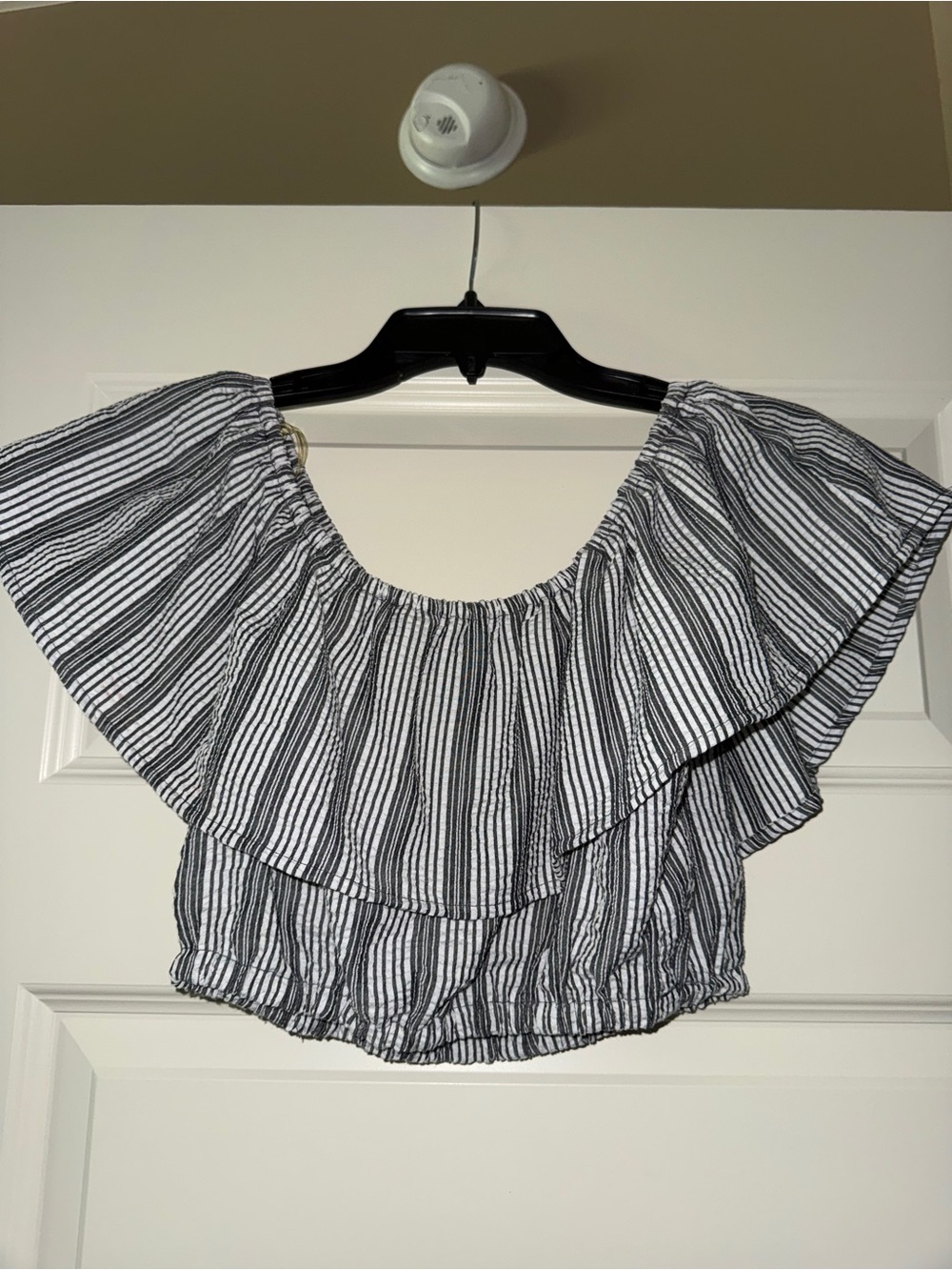 Gypsies & Moondust Black & White Striped Off-Shoulder Ruffle Crop Top